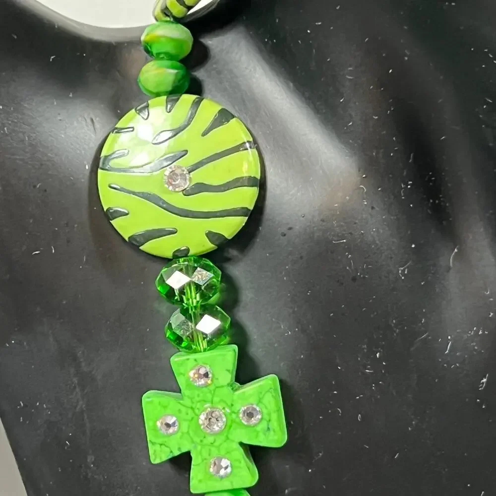 Handmade Green Zebra Beaded Necklace Rhinestone Magnetic Key Pendant OOAK 14”